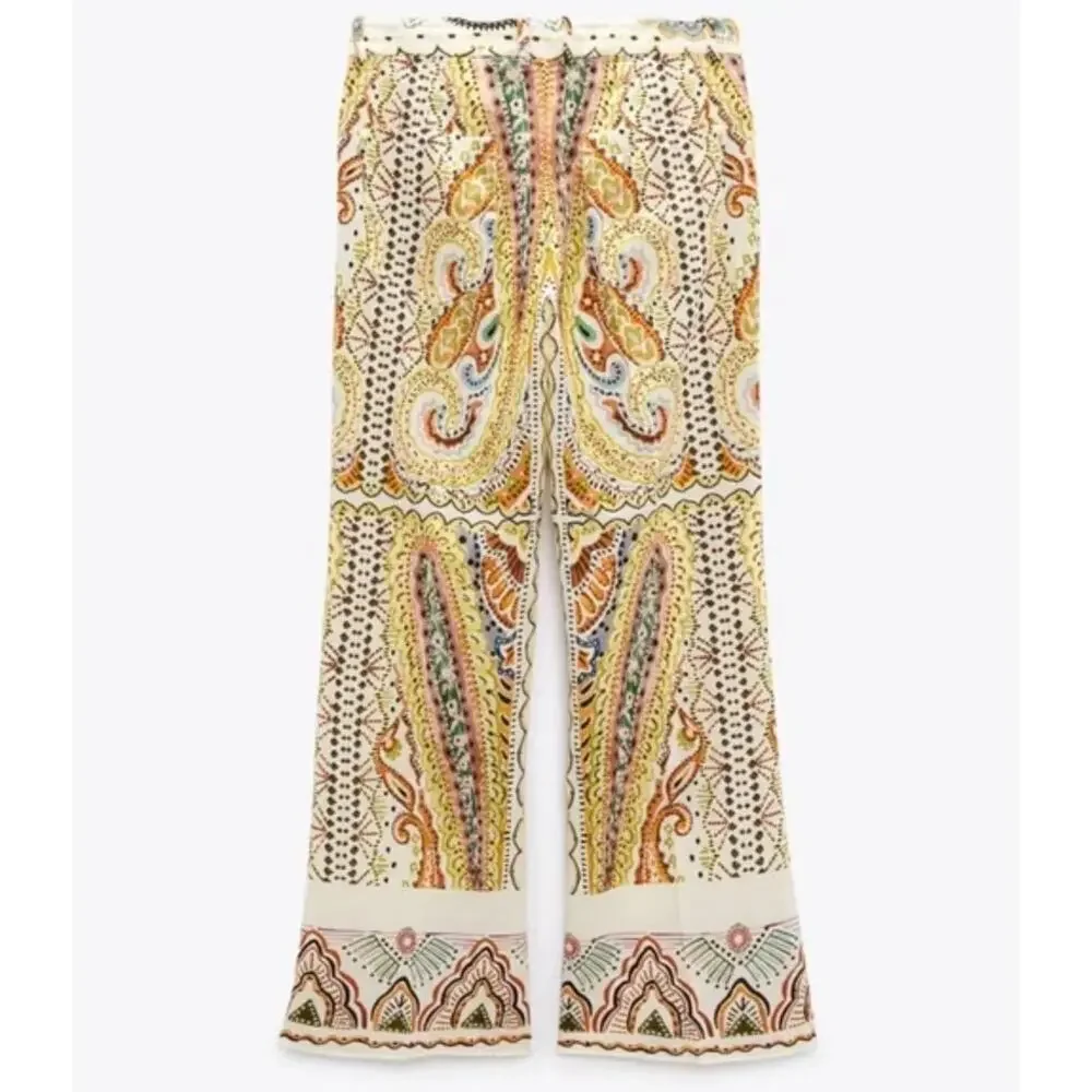 Zara Linen Blend Paisley Printed Cream and Earthtone Flare Leg Pants • Size XS